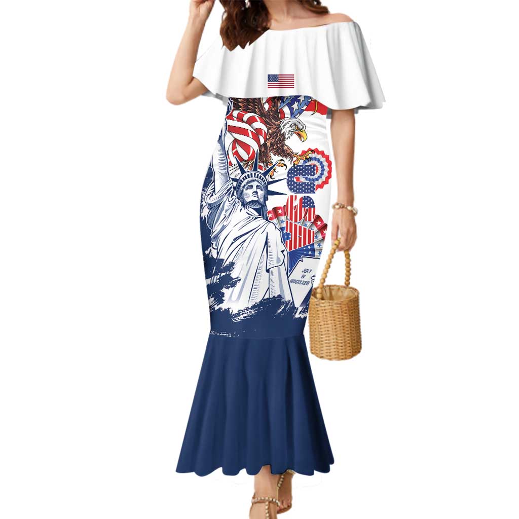 United States 4th Of July Family Matching Mermaid Dress and Hawaiian Shirt USA Eagle Statue Of Librerty
