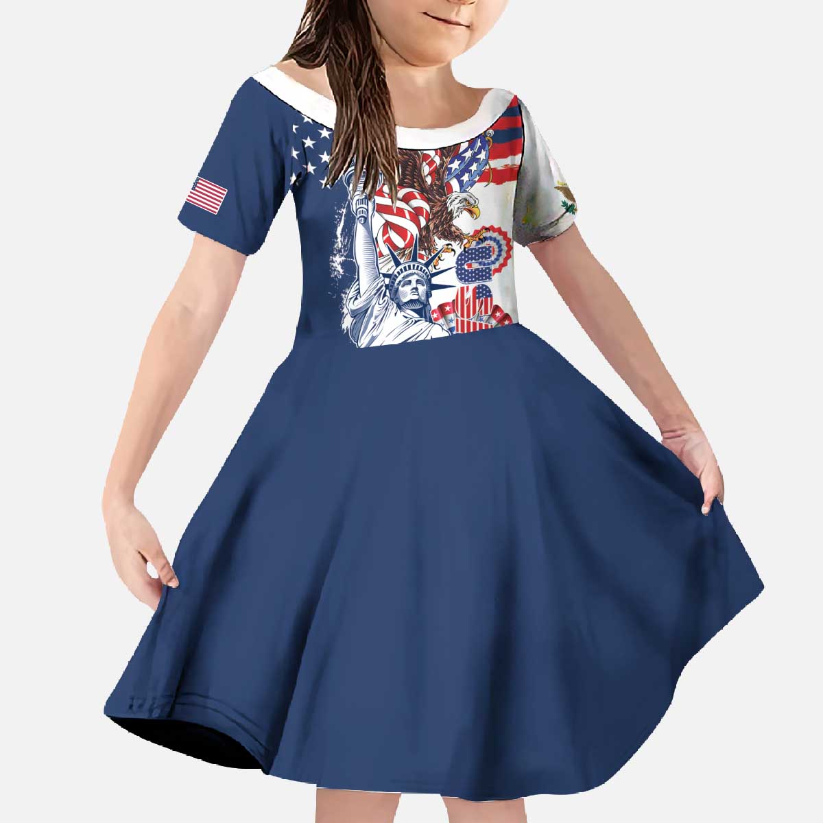 United States 4th Of July Family Matching Off The Shoulder Long Sleeve Dress and Hawaiian Shirt USA Eagle Statue Of Librerty