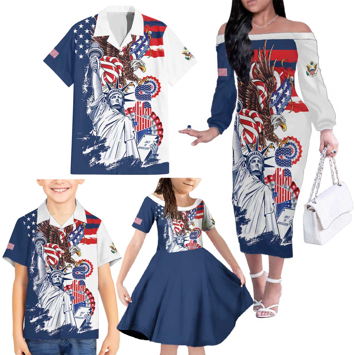 United States 4th Of July Family Matching Off The Shoulder Long Sleeve Dress and Hawaiian Shirt USA Eagle Statue Of Librerty