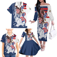 United States 4th Of July Family Matching Off The Shoulder Long Sleeve Dress and Hawaiian Shirt USA Eagle Statue Of Librerty