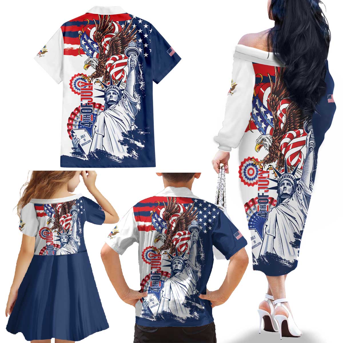 United States 4th Of July Family Matching Off The Shoulder Long Sleeve Dress and Hawaiian Shirt USA Eagle Statue Of Librerty
