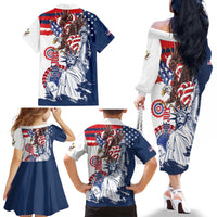 United States 4th Of July Family Matching Off The Shoulder Long Sleeve Dress and Hawaiian Shirt USA Eagle Statue Of Librerty