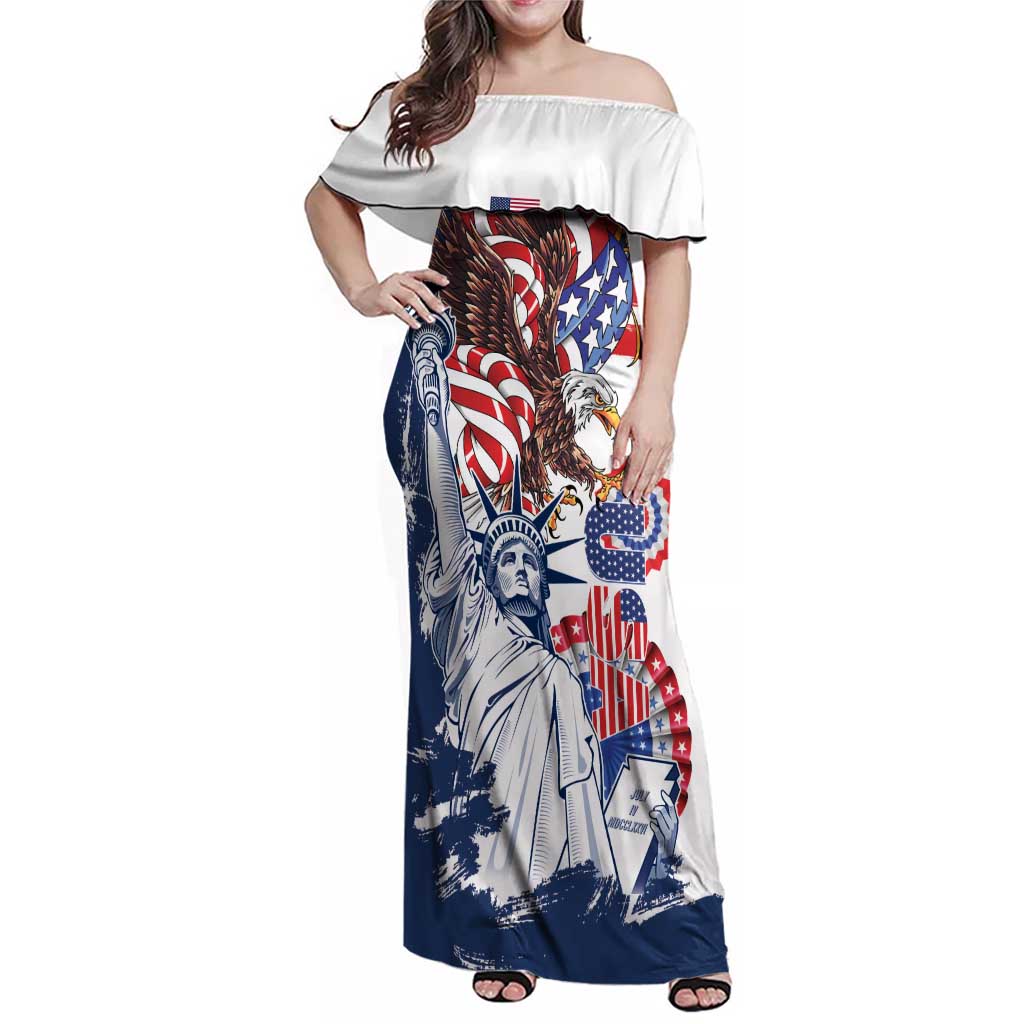United States 4th Of July Family Matching Off Shoulder Maxi Dress and Hawaiian Shirt USA Eagle Statue Of Librerty
