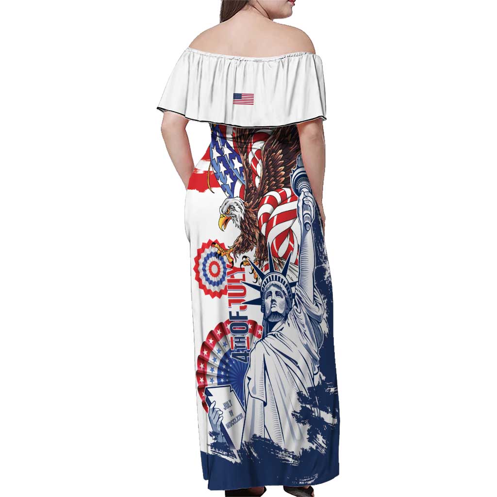 United States 4th Of July Family Matching Off Shoulder Maxi Dress and Hawaiian Shirt USA Eagle Statue Of Librerty