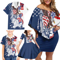 United States 4th Of July Family Matching Off Shoulder Short Dress and Hawaiian Shirt USA Eagle Statue Of Librerty