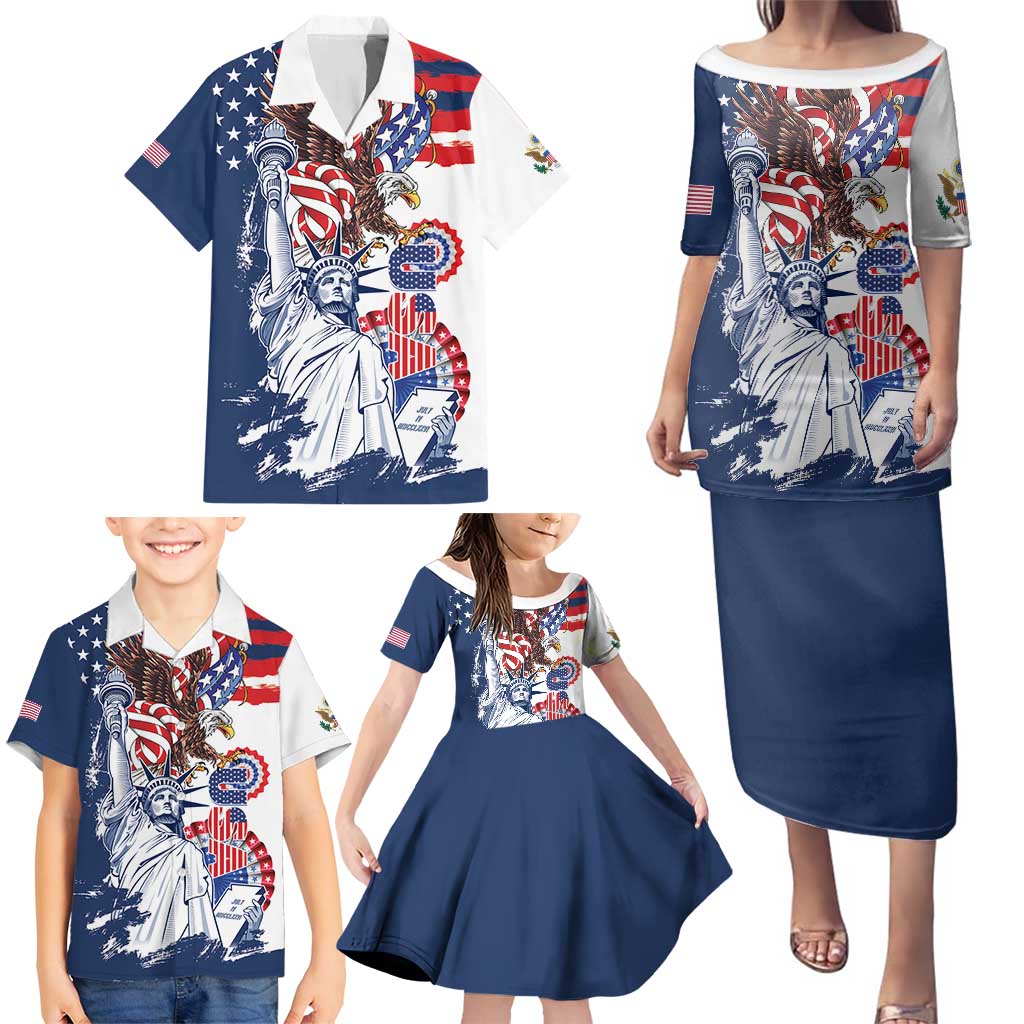 United States 4th Of July Family Matching Puletasi and Hawaiian Shirt USA Eagle Statue Of Librerty