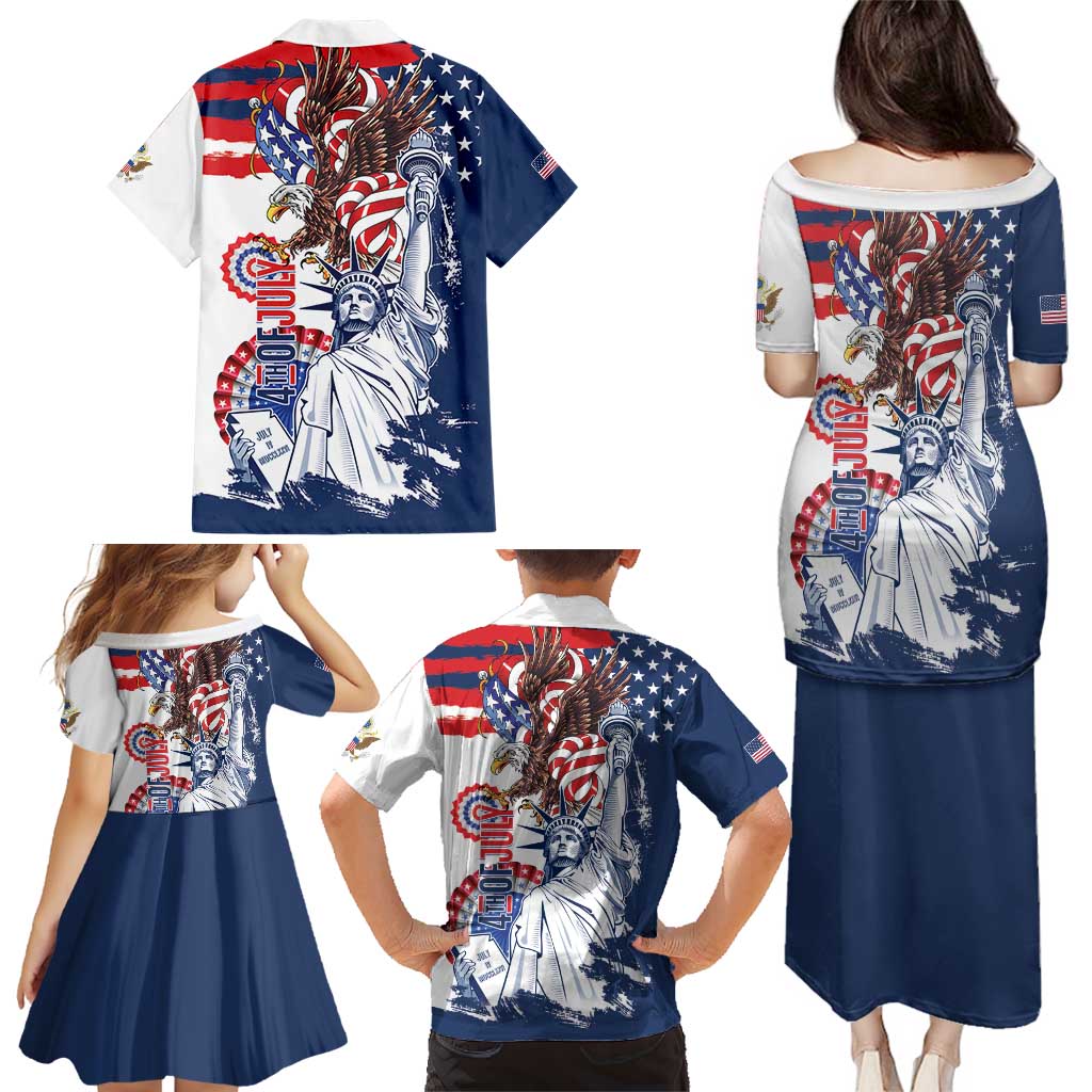 United States 4th Of July Family Matching Puletasi and Hawaiian Shirt USA Eagle Statue Of Librerty