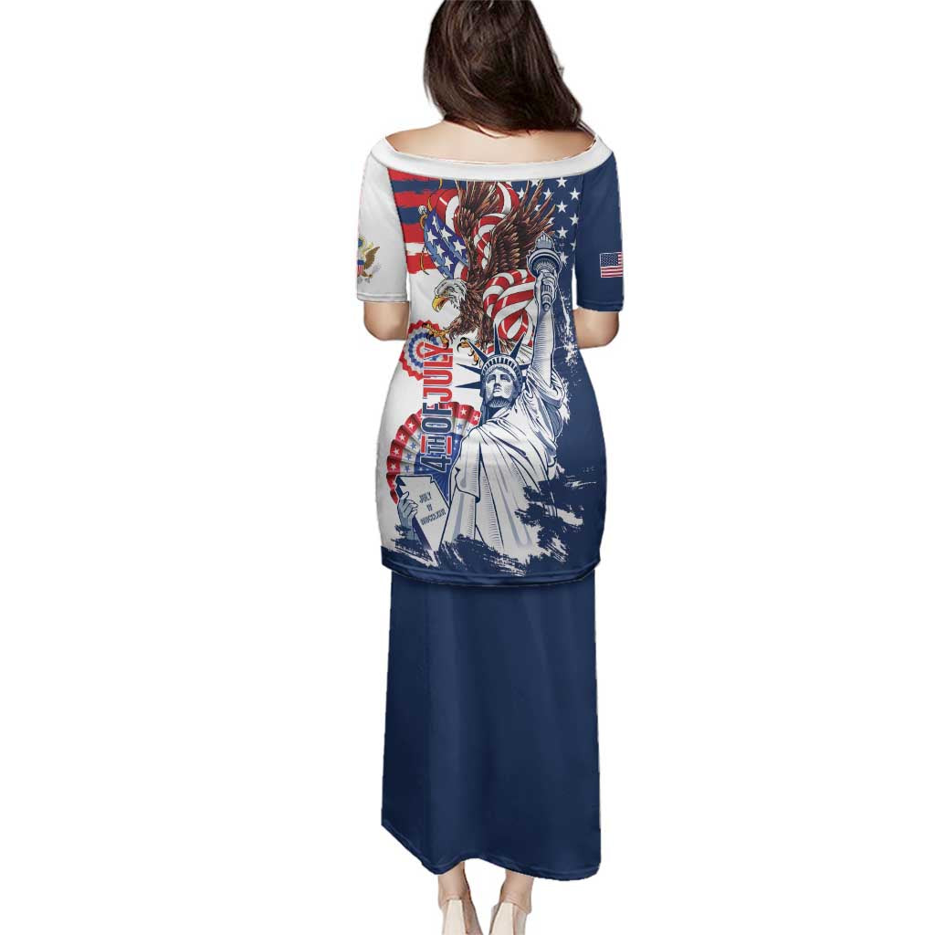 United States 4th Of July Family Matching Puletasi and Hawaiian Shirt USA Eagle Statue Of Librerty