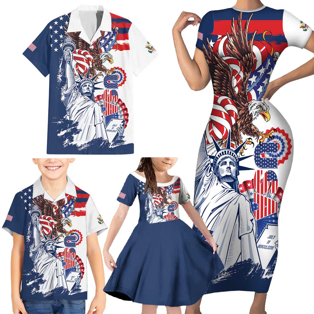 United States 4th Of July Family Matching Short Sleeve Bodycon Dress and Hawaiian Shirt USA Eagle Statue Of Librerty