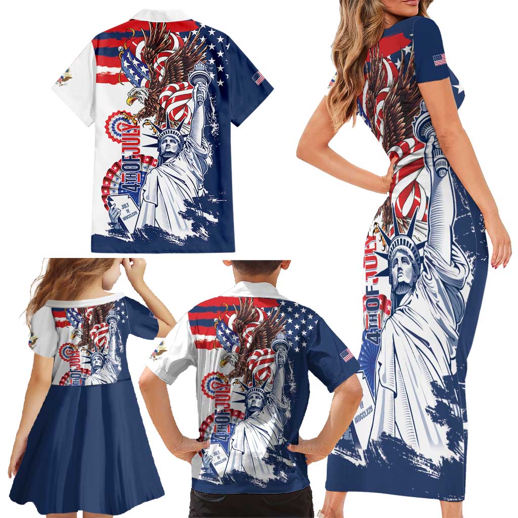 United States 4th Of July Family Matching Short Sleeve Bodycon Dress and Hawaiian Shirt USA Eagle Statue Of Librerty