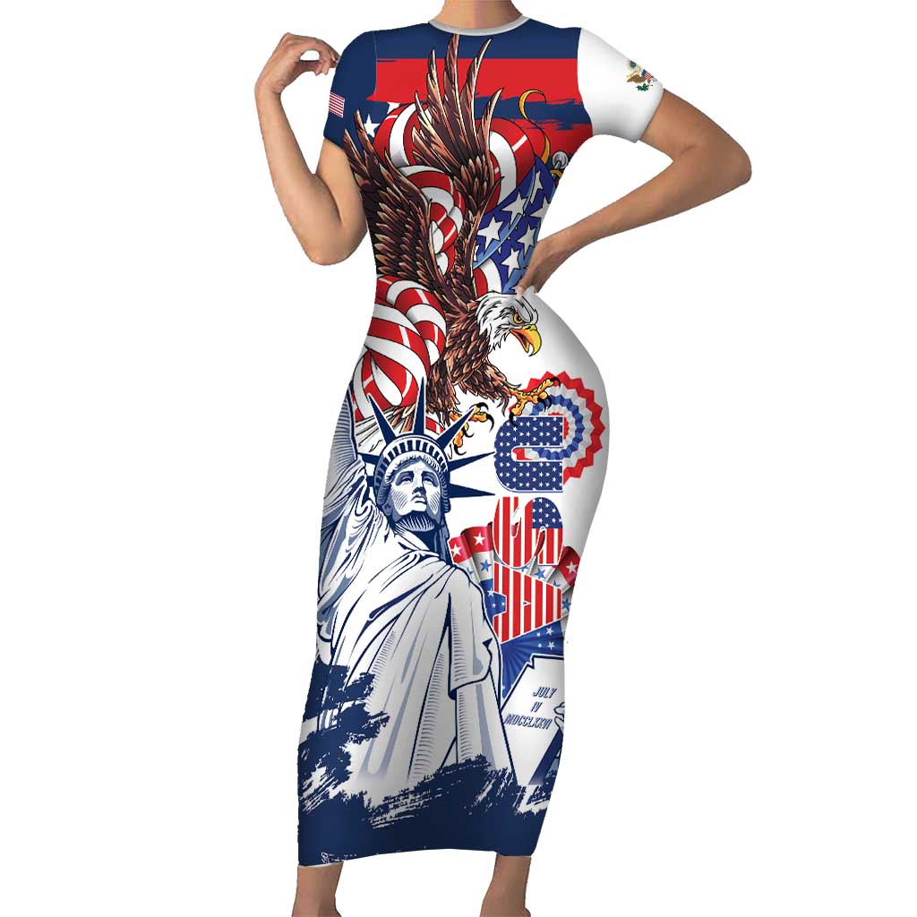 United States 4th Of July Family Matching Short Sleeve Bodycon Dress and Hawaiian Shirt USA Eagle Statue Of Librerty