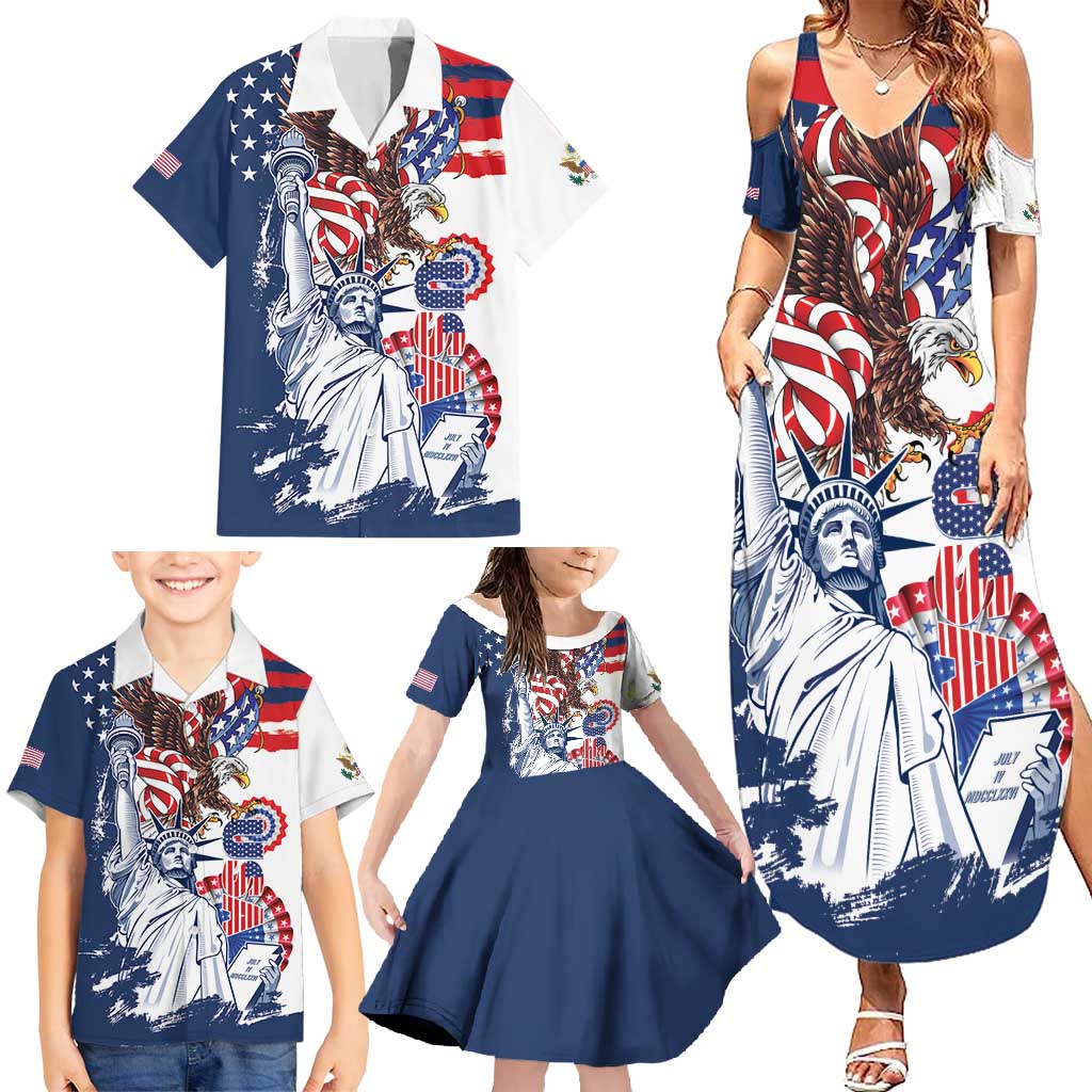 United States 4th Of July Family Matching Summer Maxi Dress and Hawaiian Shirt USA Eagle Statue Of Librerty