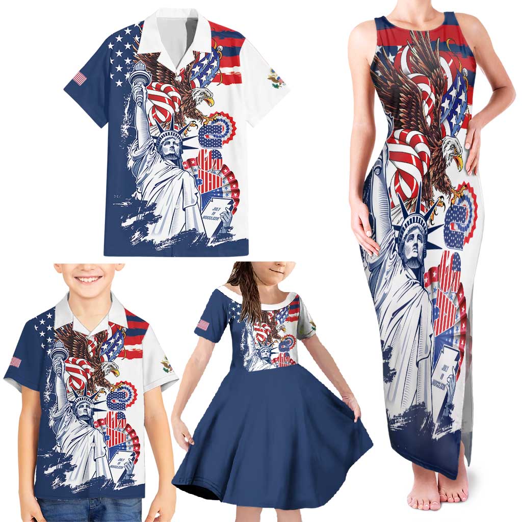 United States 4th Of July Family Matching Tank Maxi Dress and Hawaiian Shirt USA Eagle Statue Of Librerty