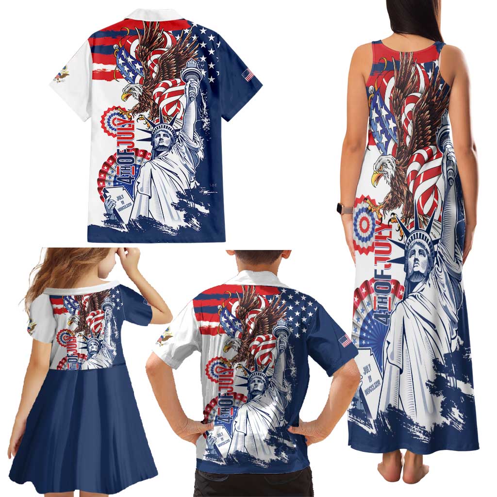 United States 4th Of July Family Matching Tank Maxi Dress and Hawaiian Shirt USA Eagle Statue Of Librerty