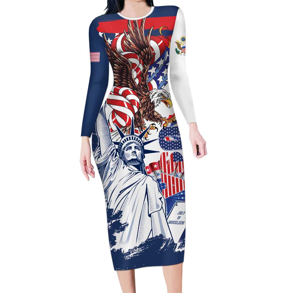 United States 4th Of July Long Sleeve Bodycon Dress USA Eagle Statue Of Librerty