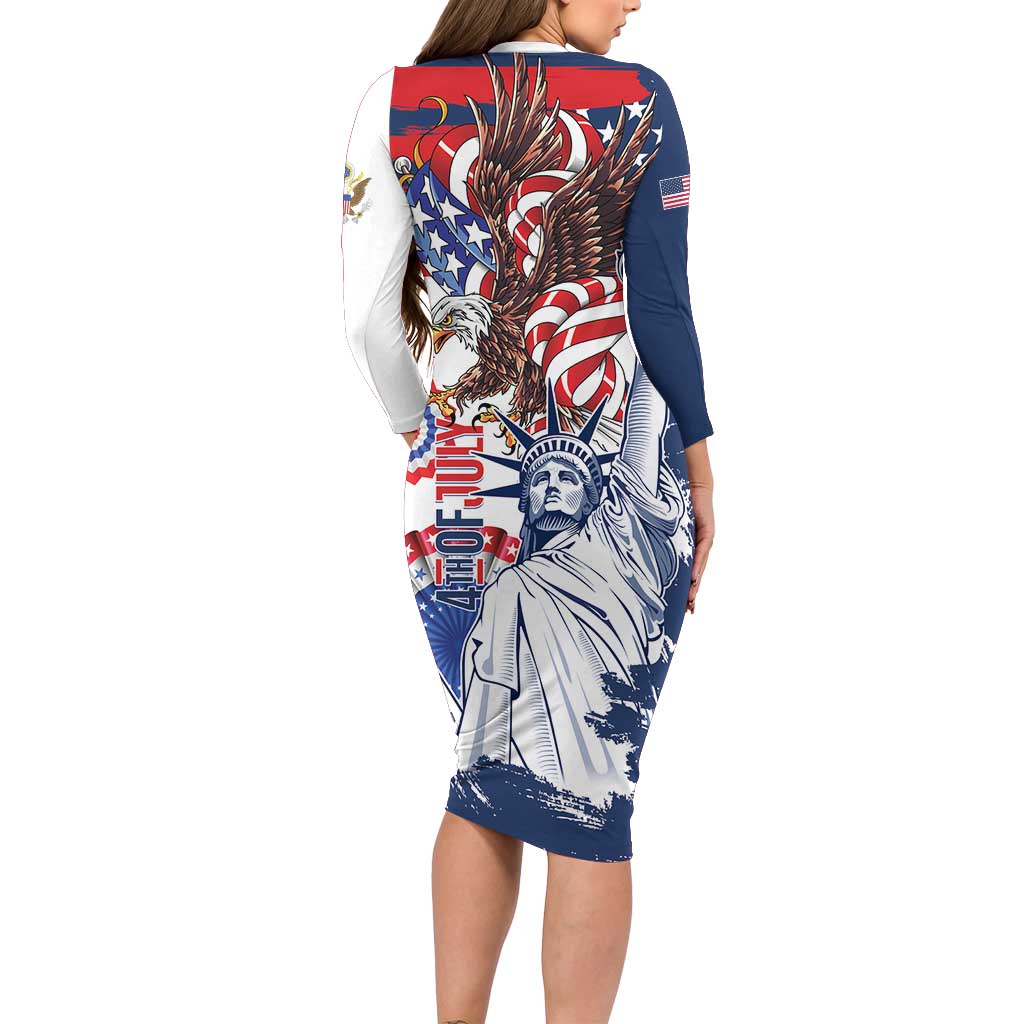 United States 4th Of July Long Sleeve Bodycon Dress USA Eagle Statue Of Librerty