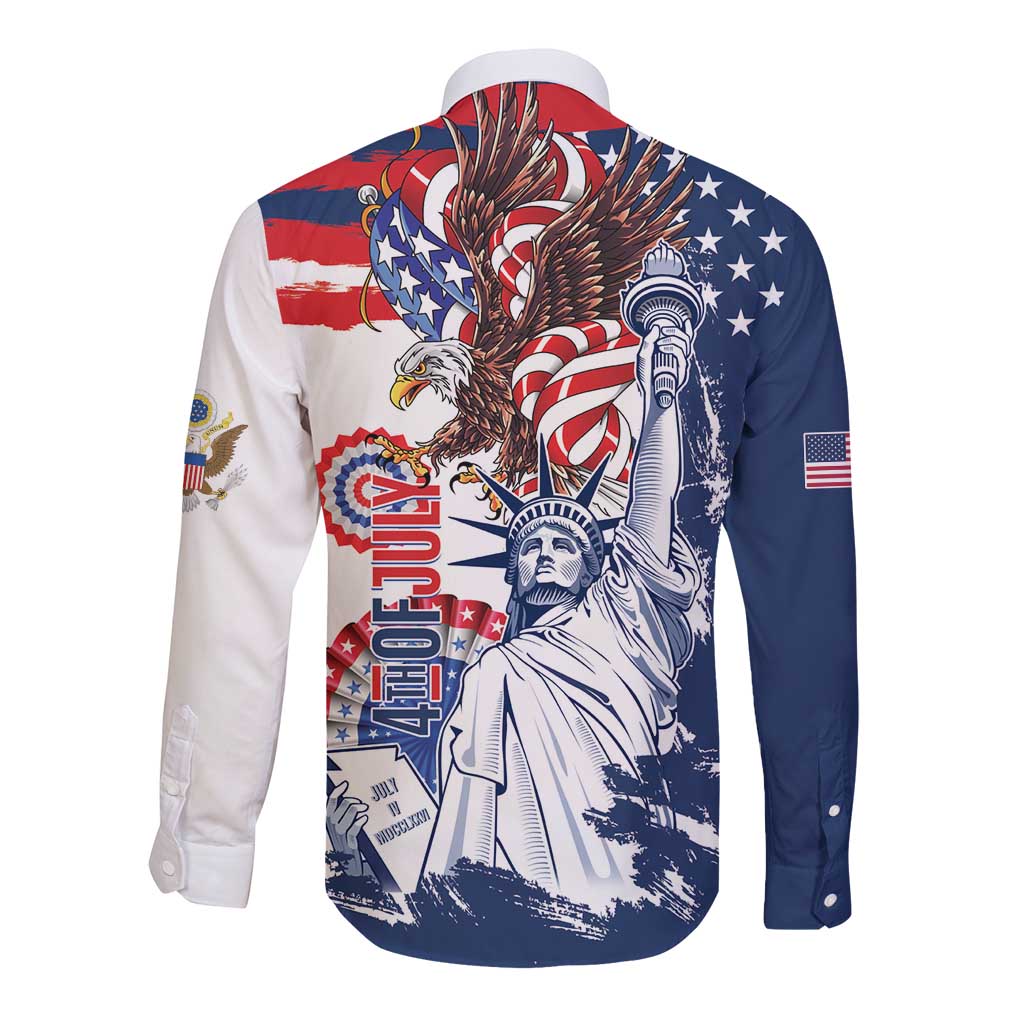 United States 4th Of July Long Sleeve Button Shirt USA Eagle Statue Of Librerty