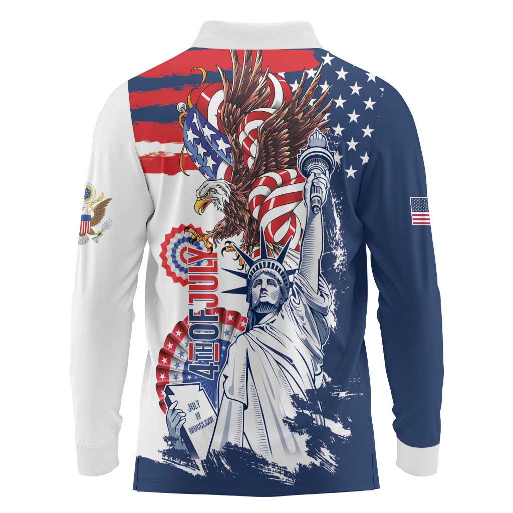 United States 4th Of July Long Sleeve Polo Shirt USA Eagle Statue Of Librerty