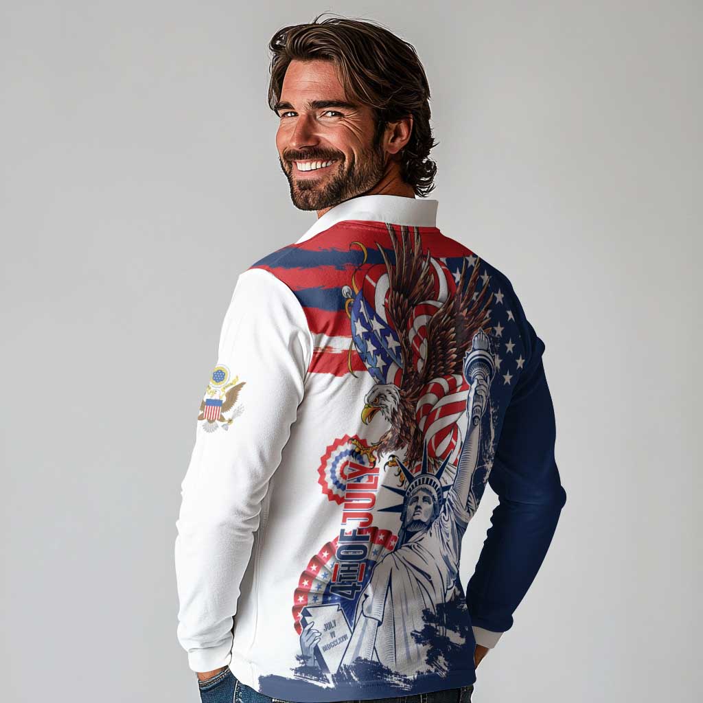 United States 4th Of July Long Sleeve Polo Shirt USA Eagle Statue Of Librerty
