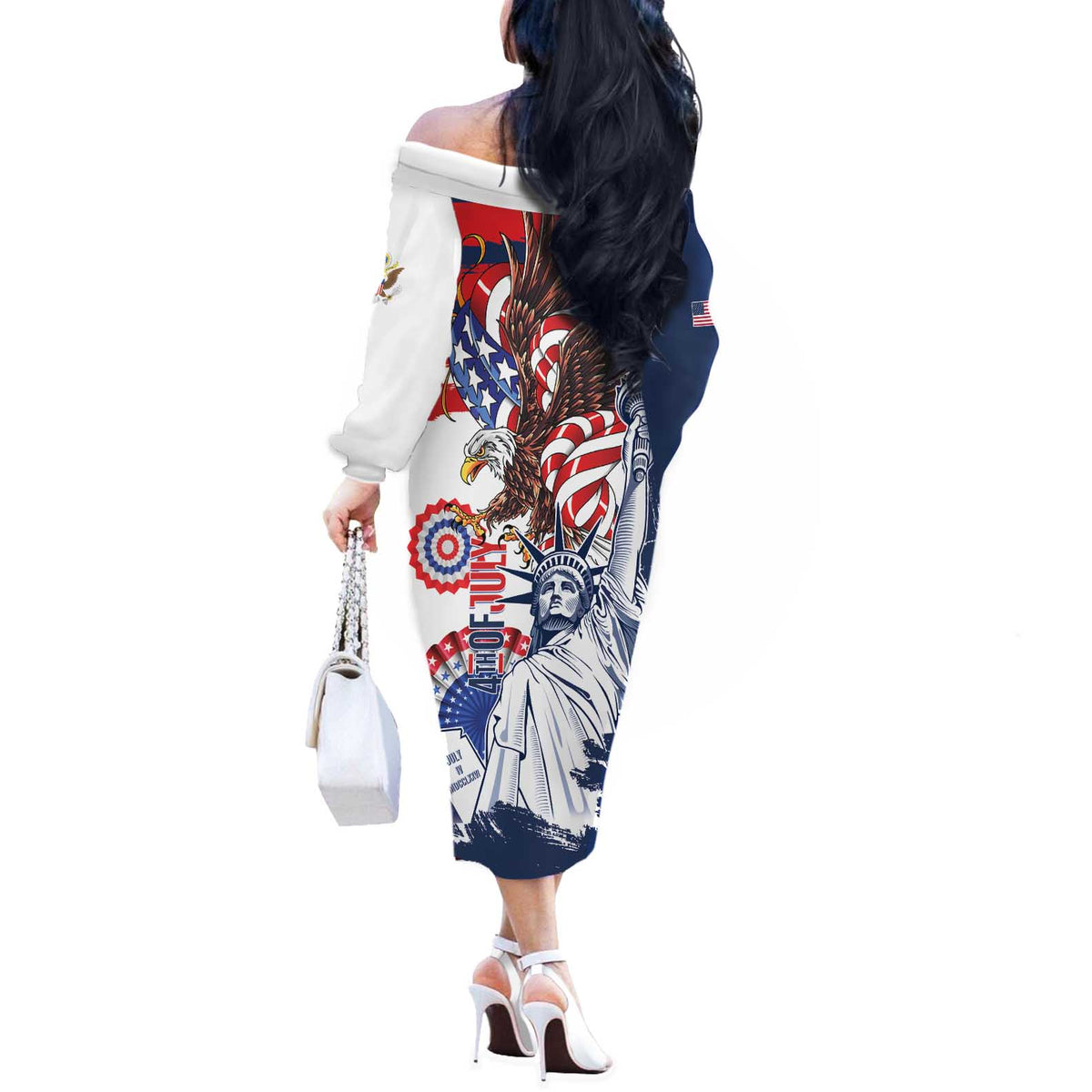 United States 4th Of July Off The Shoulder Long Sleeve Dress USA Eagle Statue Of Librerty
