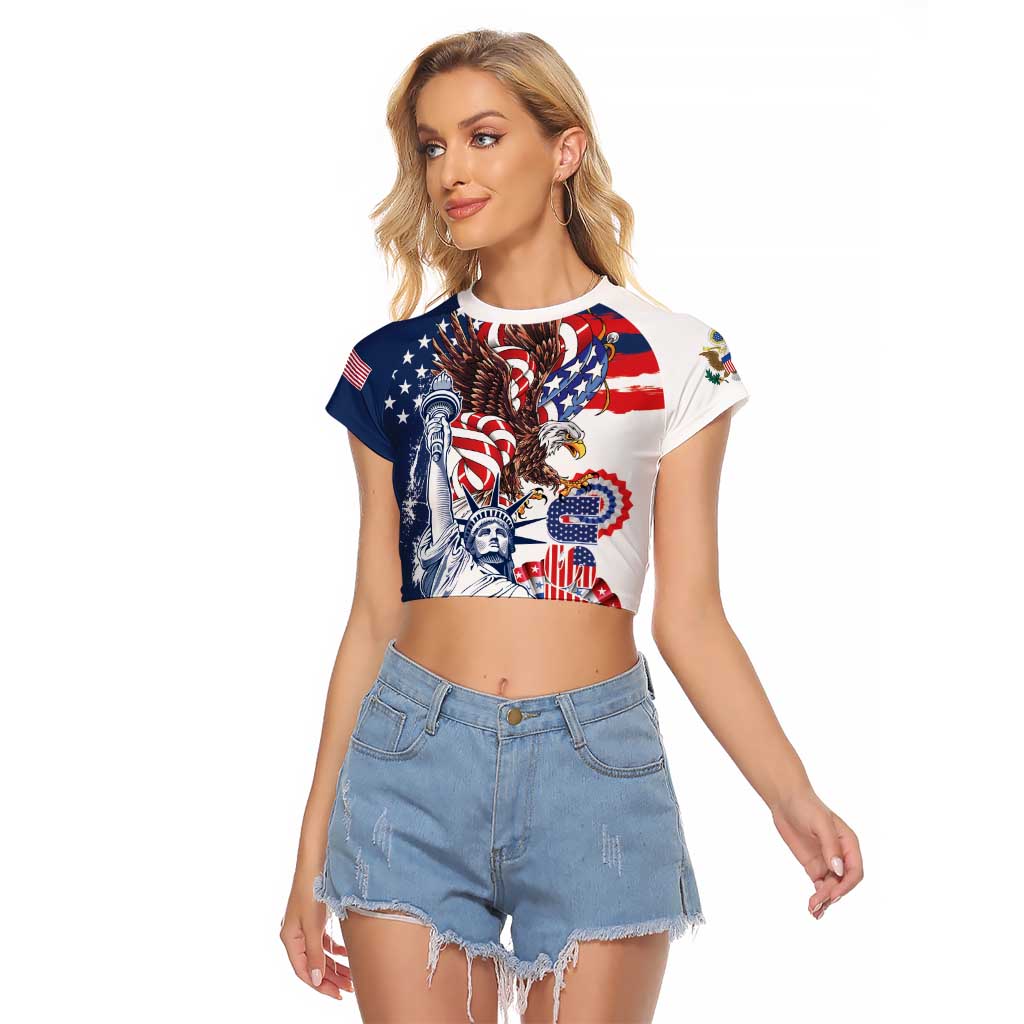 United States 4th Of July Raglan Cropped T Shirt USA Eagle Statue Of Librerty