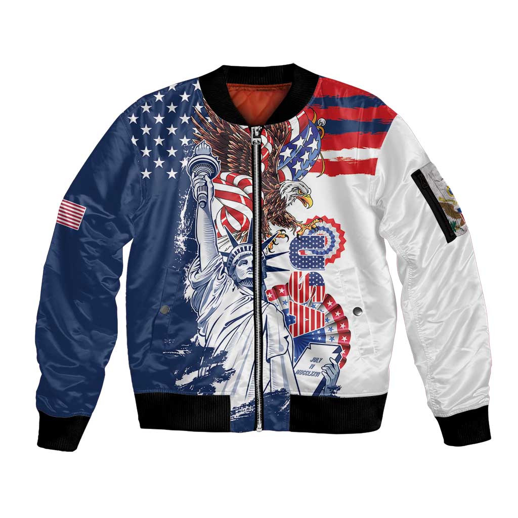 United States 4th Of July Sleeve Zip Bomber Jacket USA Eagle Statue Of Librerty