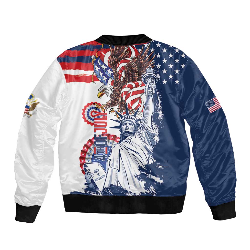 United States 4th Of July Sleeve Zip Bomber Jacket USA Eagle Statue Of Librerty