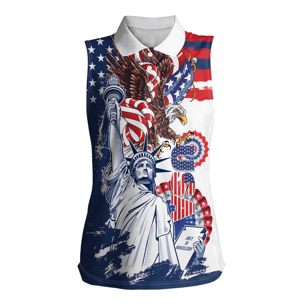 United States 4th Of July Women Sleeveless Polo Shirt USA Eagle Statue Of Librerty