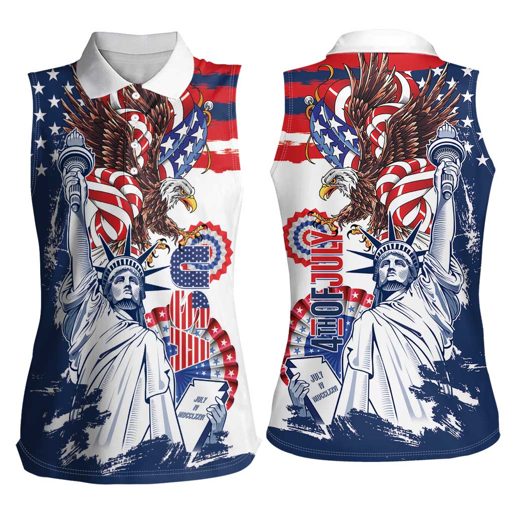 United States 4th Of July Women Sleeveless Polo Shirt USA Eagle Statue Of Librerty