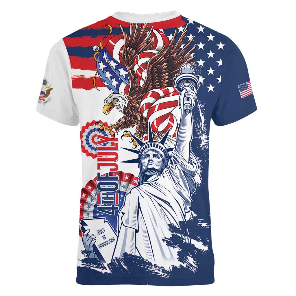 United States 4th Of July Women V-Neck T-Shirt USA Eagle Statue Of Librerty