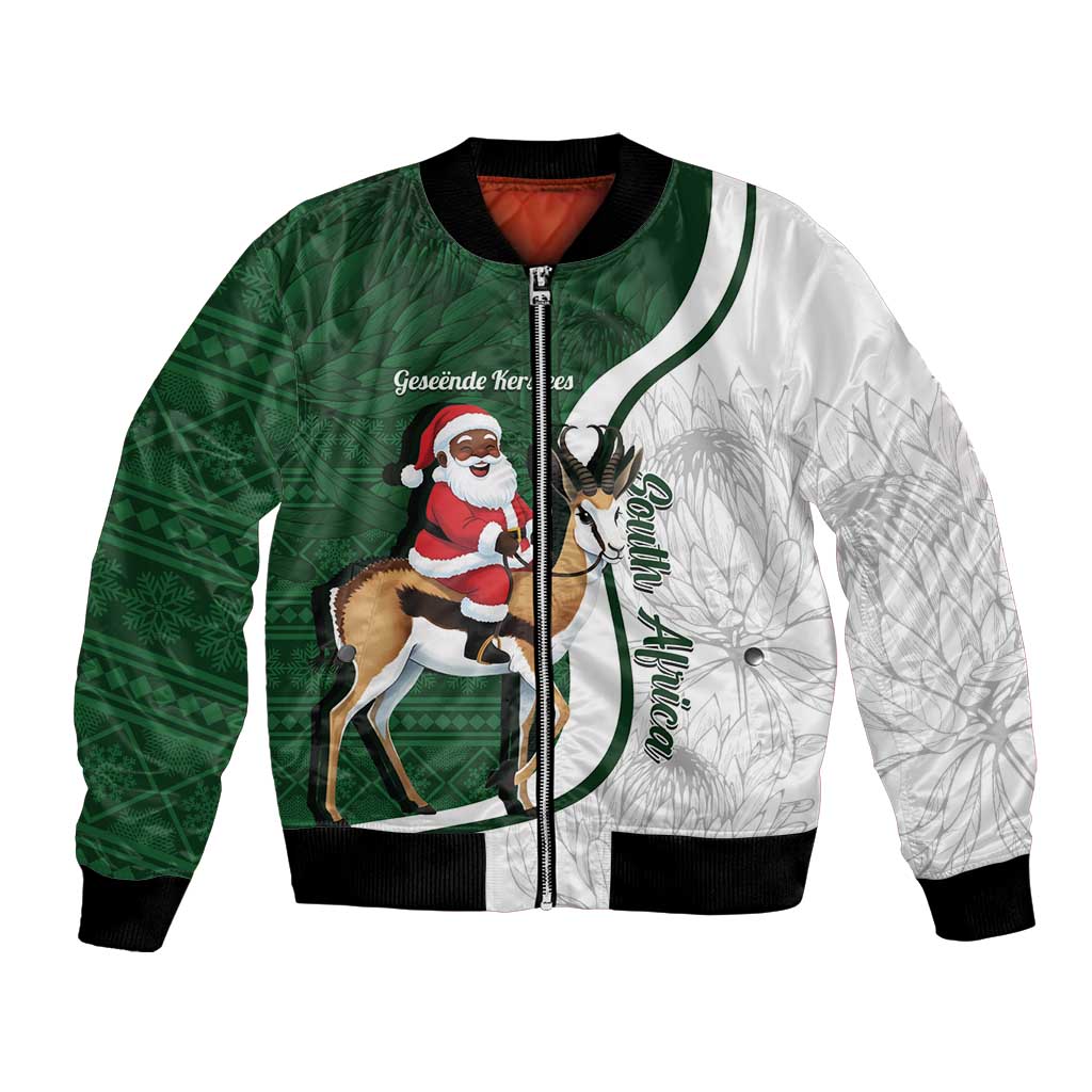 South Africa Christmas In July Bomber Jacket Geseende Kersfees Springbok Black Santa