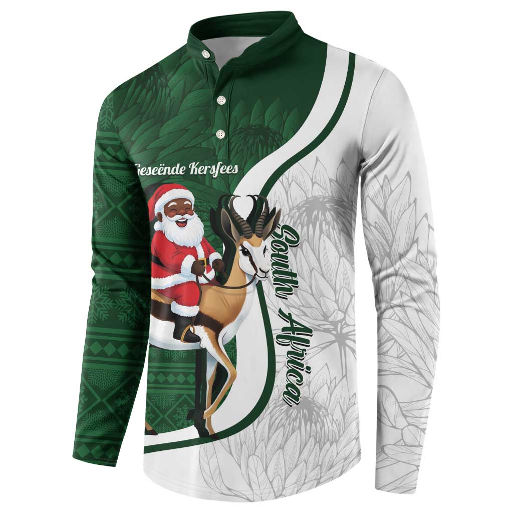 South Africa Christmas In July Button Sweatshirt Geseende Kersfees Springbok Black Santa
