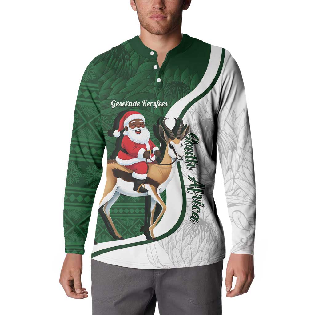 South Africa Christmas In July Button Sweatshirt Geseende Kersfees Springbok Black Santa
