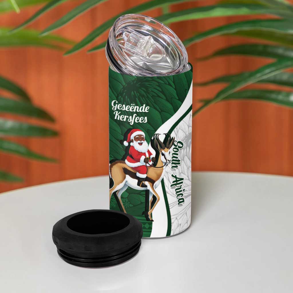 South Africa Christmas In July 4 in 1 Can Cooler Tumbler Geseende Kersfees Springbok Black Santa