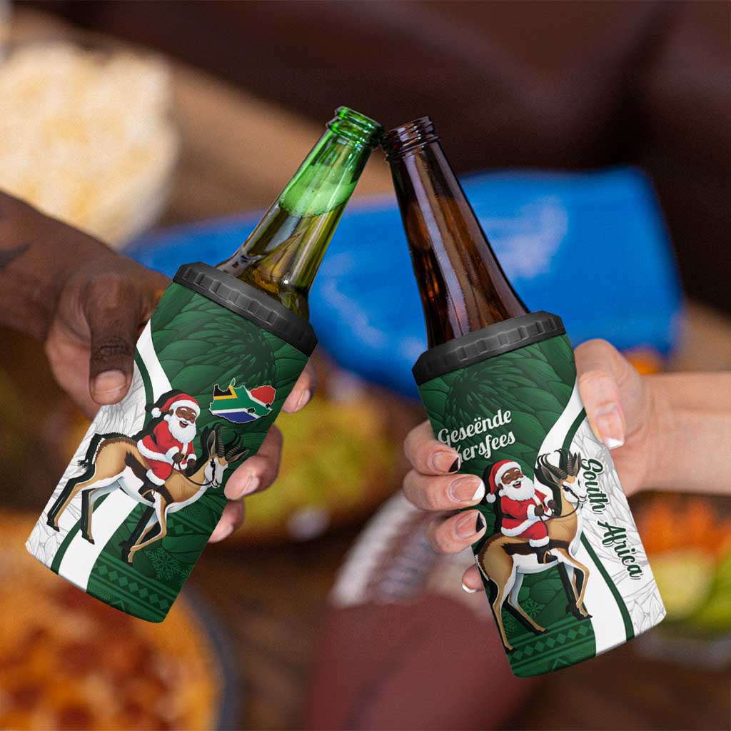 South Africa Christmas In July 4 in 1 Can Cooler Tumbler Geseende Kersfees Springbok Black Santa