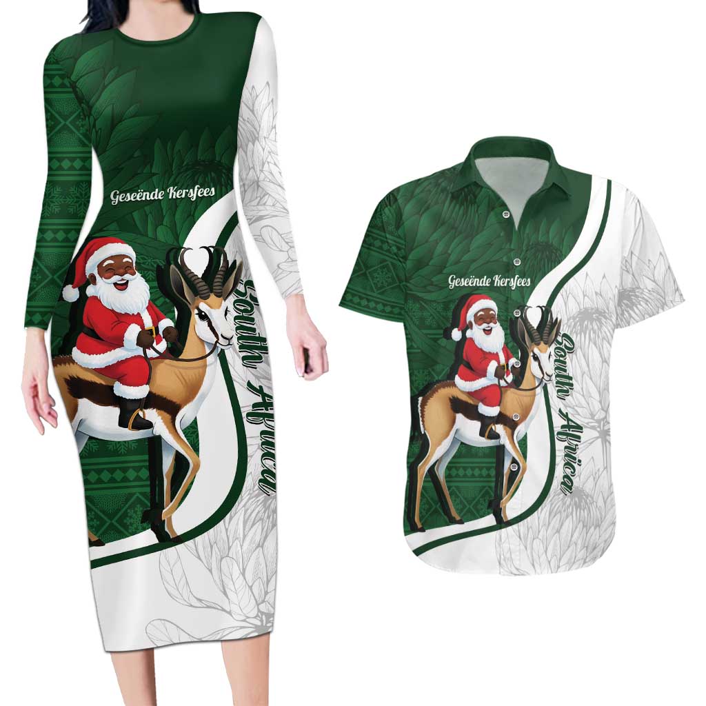 South Africa Christmas In July Couples Matching Long Sleeve Bodycon Dress and Hawaiian Shirt Geseende Kersfees Springbok Black Santa