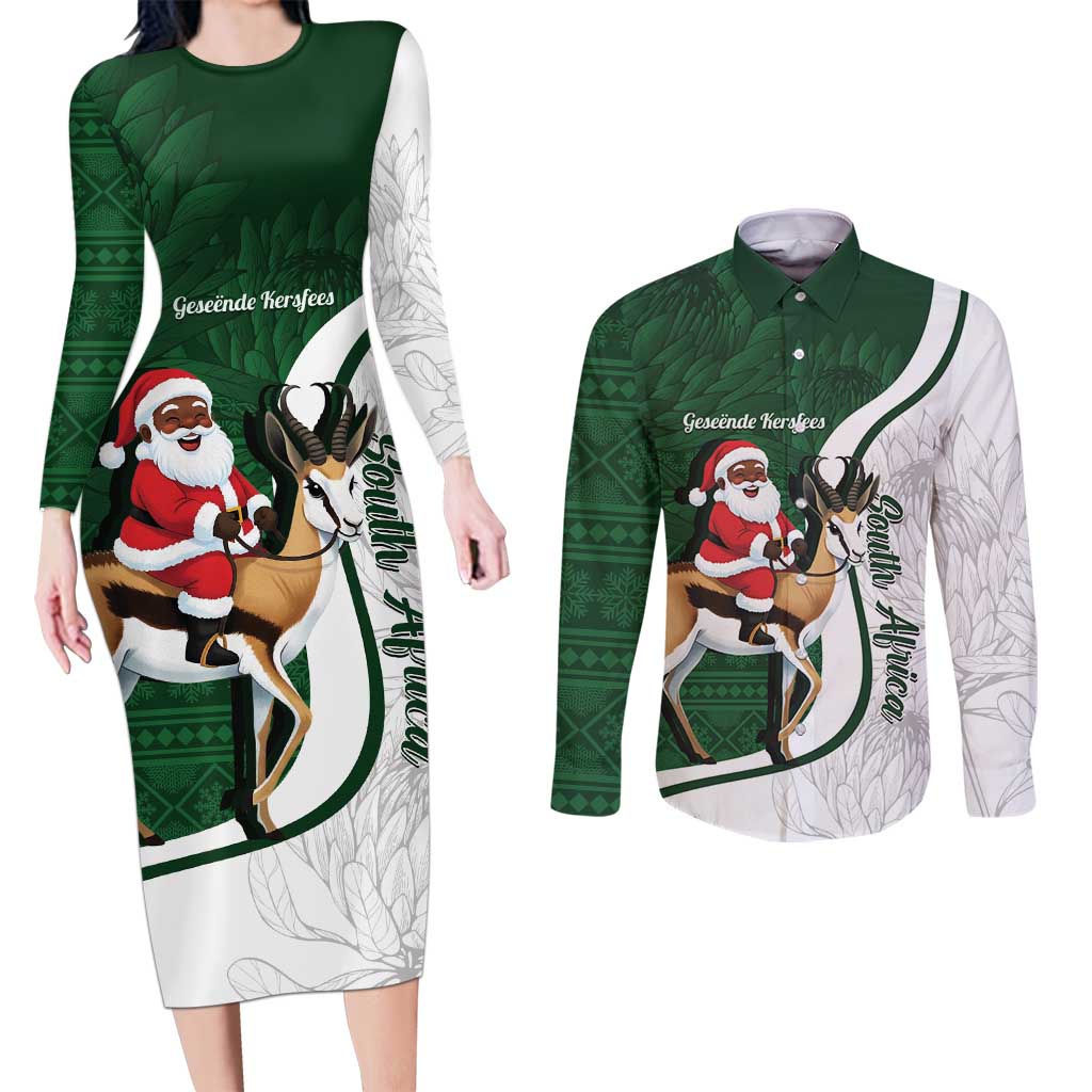 South Africa Christmas In July Couples Matching Long Sleeve Bodycon Dress and Long Sleeve Button Shirt Geseende Kersfees Springbok Black Santa