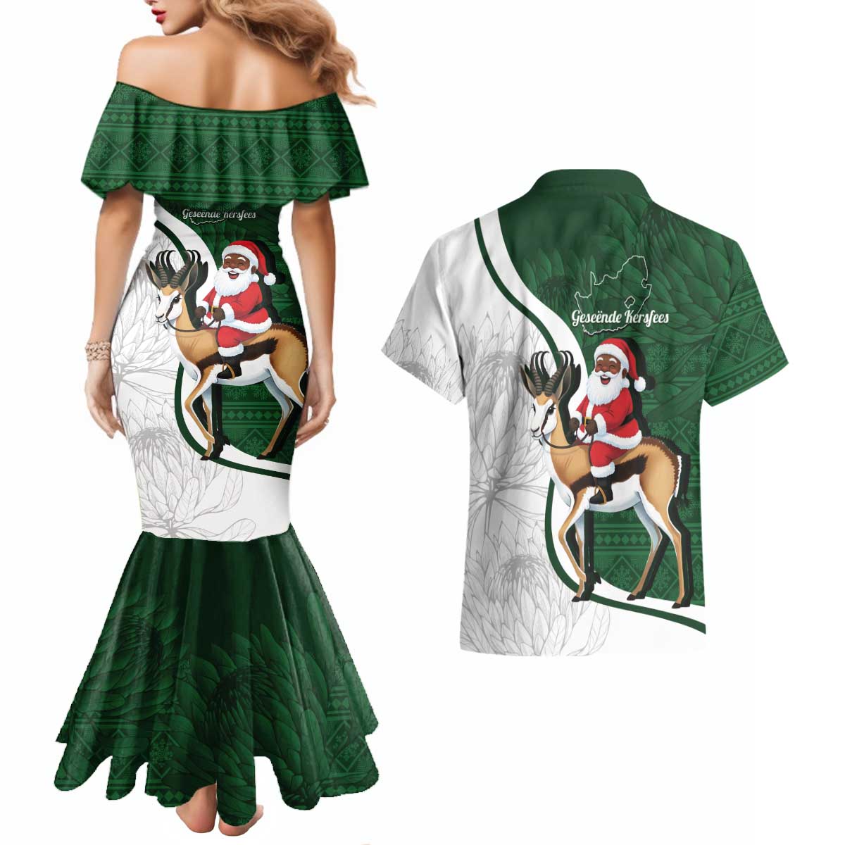 South Africa Christmas In July Couples Matching Mermaid Dress and Hawaiian Shirt Geseende Kersfees Springbok Black Santa