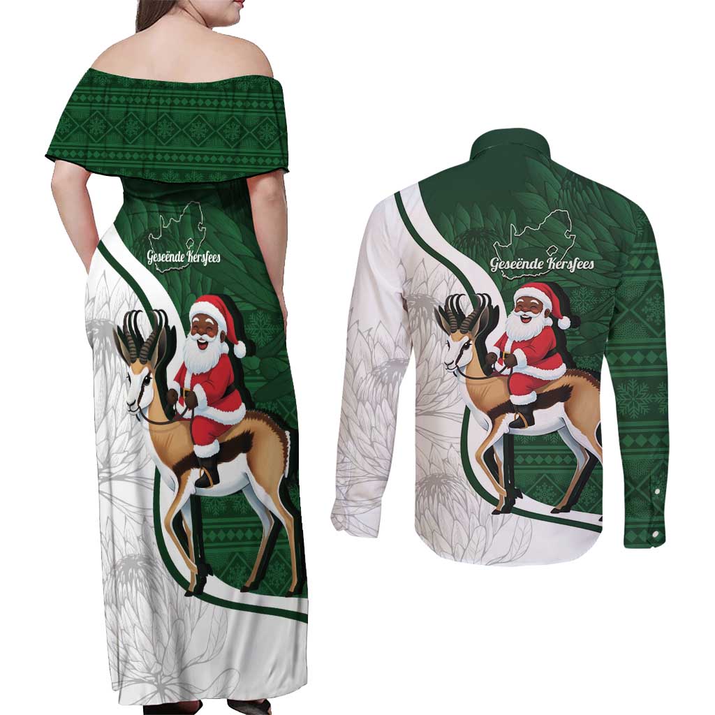 South Africa Christmas In July Couples Matching Off Shoulder Maxi Dress and Long Sleeve Button Shirt Geseende Kersfees Springbok Black Santa
