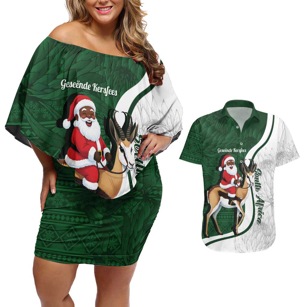 South Africa Christmas In July Couples Matching Off Shoulder Short Dress and Hawaiian Shirt Geseende Kersfees Springbok Black Santa
