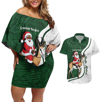 South Africa Christmas In July Couples Matching Off Shoulder Short Dress and Hawaiian Shirt Geseende Kersfees Springbok Black Santa