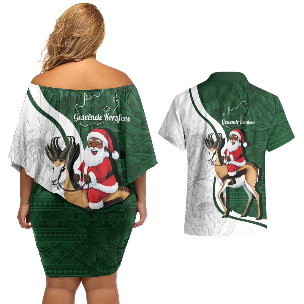 South Africa Christmas In July Couples Matching Off Shoulder Short Dress and Hawaiian Shirt Geseende Kersfees Springbok Black Santa