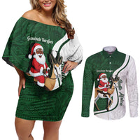 South Africa Christmas In July Couples Matching Off Shoulder Short Dress and Long Sleeve Button Shirt Geseende Kersfees Springbok Black Santa