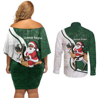 South Africa Christmas In July Couples Matching Off Shoulder Short Dress and Long Sleeve Button Shirt Geseende Kersfees Springbok Black Santa