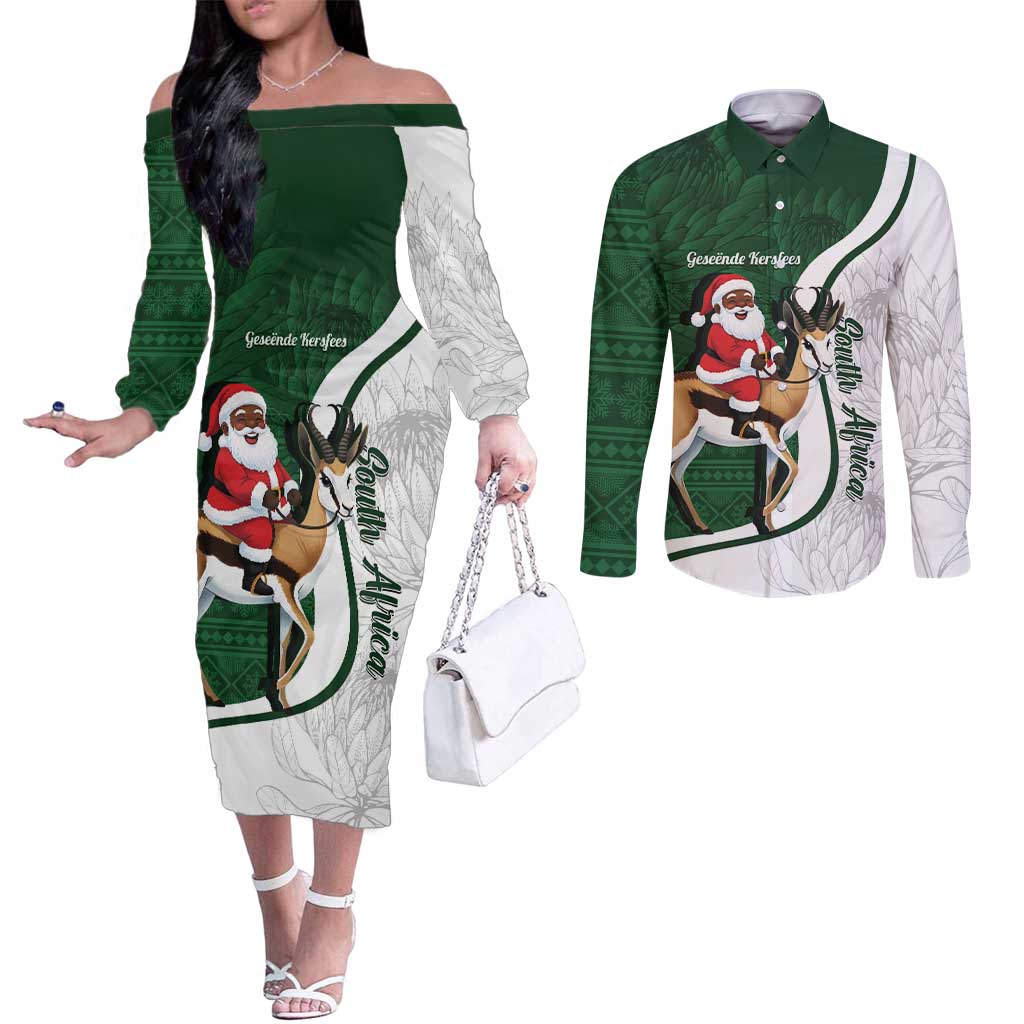 South Africa Christmas In July Couples Matching Off The Shoulder Long Sleeve Dress and Long Sleeve Button Shirt Geseende Kersfees Springbok Black Santa