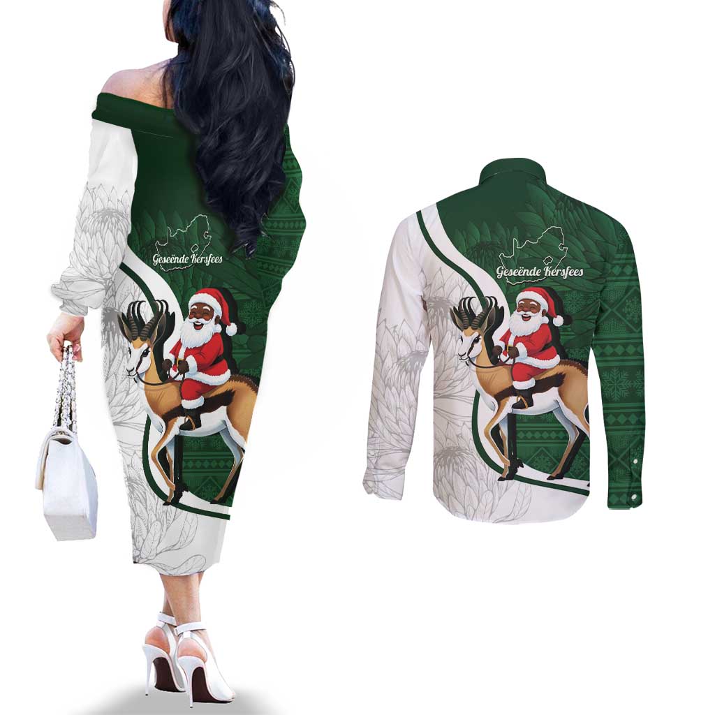 South Africa Christmas In July Couples Matching Off The Shoulder Long Sleeve Dress and Long Sleeve Button Shirt Geseende Kersfees Springbok Black Santa