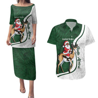 South Africa Christmas In July Couples Matching Puletasi and Hawaiian Shirt Geseende Kersfees Springbok Black Santa