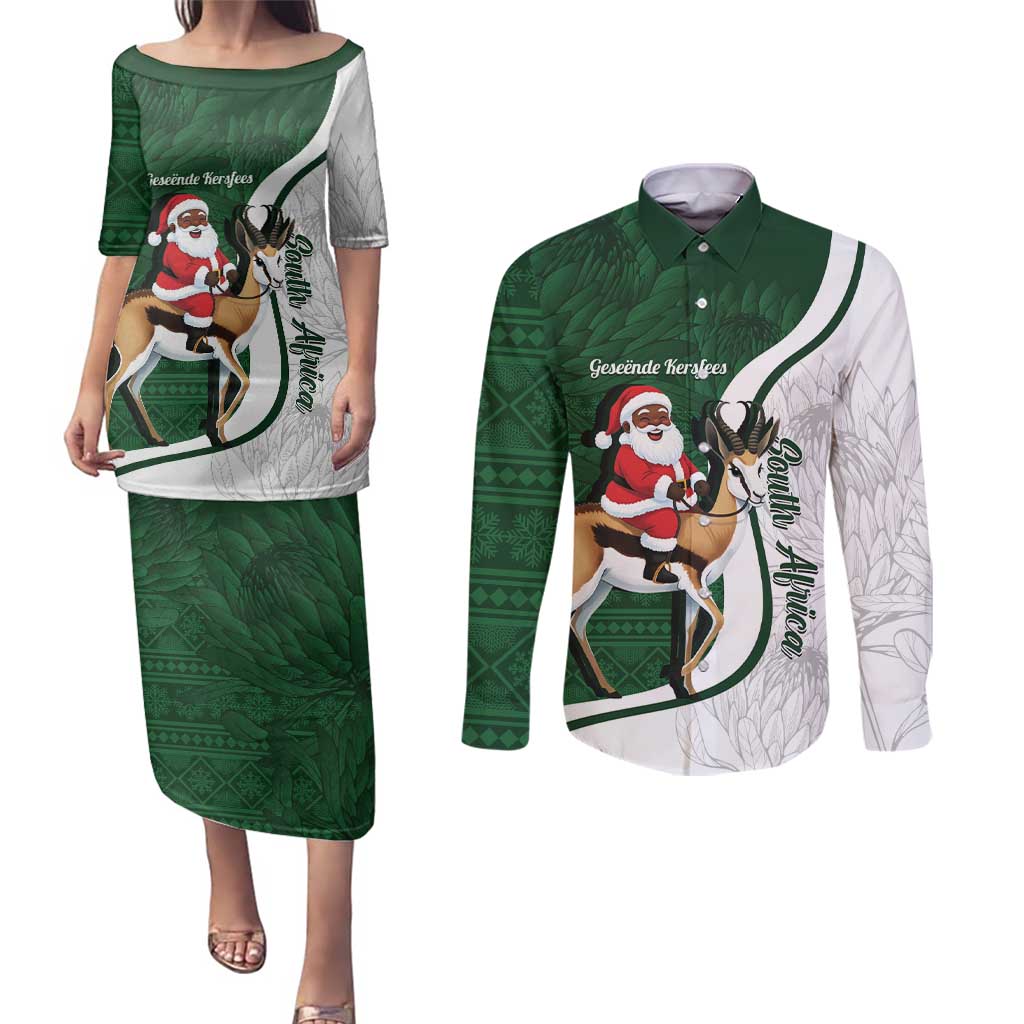 South Africa Christmas In July Couples Matching Puletasi and Long Sleeve Button Shirt Geseende Kersfees Springbok Black Santa