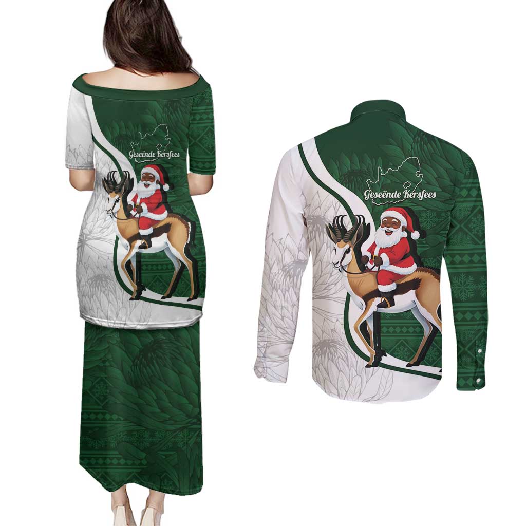 South Africa Christmas In July Couples Matching Puletasi and Long Sleeve Button Shirt Geseende Kersfees Springbok Black Santa