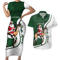 South Africa Christmas In July Couples Matching Short Sleeve Bodycon Dress and Hawaiian Shirt Geseende Kersfees Springbok Black Santa